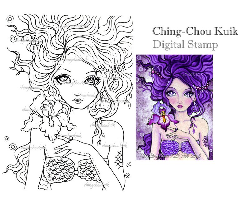 Purple Iris Digital Stamp Instant Download / Flower Flora Ocean Mermaid Fairy Girl Fantasy Art by Ching-Chou Kuik image 1