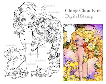 Spring In the Air - Digital Stamp Instant Download / Flower Shawl Mermaid Fairy Fantasy Art by Ching-Chou Kuik