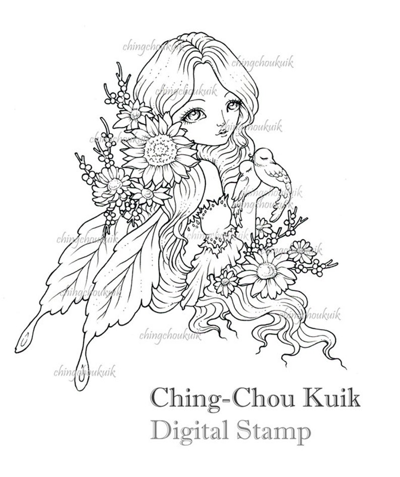 Liebe im Frühling digitaler Stempel sofortiger Download / Fantasy Fee Feen Mädchen Blume Vogelkunst von Ching-Chou Kuik Bild 1