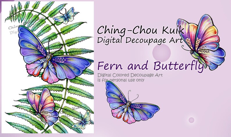 Pre-Colored-Fern & Butterfly Instant Download Digital Printable Decoupage Art /Plant Insect by Ching-Chou Kuik image 1