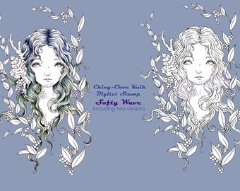 Softy Wave- Coloring Page PRINTABLE Instant Download Digital Stamp/Fantasy Mermaid Sea Ocean Coral Art by Ching-Chou Kuik