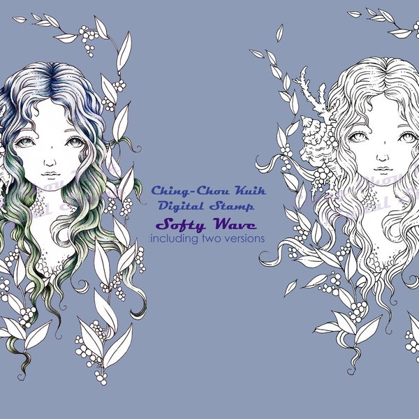 Softy Wave- Coloring Page PRINTABLE Instant Download Digital Stamp/Fantasy Mermaid Sea Ocean Coral Art by Ching-Chou Kuik