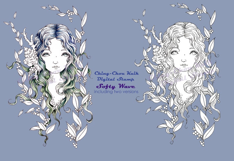 Softy Wave Coloring Page PRINTABLE Instant Download Digital Stamp/Fantasy Mermaid Sea Ocean Coral Art by Ching-Chou Kuik image 1