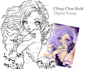 Tears in wind - Digital Stamp Instant Download / Butterfly Moon Fairy by Ching-Chou Kuik