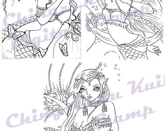 Dancing Mermaid Digital Stamp Set of 3 Images - Instant Download / Butterfly Lotus Moon Dance Fantasy Fairy Girl Art by Ching-Chou Kuik