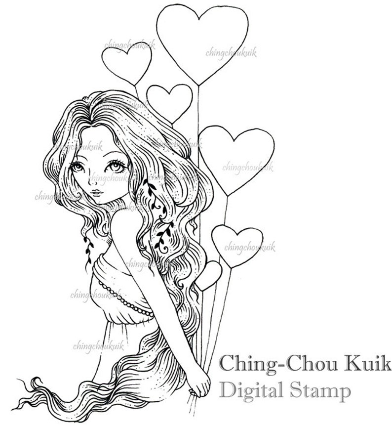 Bunch of LOVE Digital Stamp Instant Download / LOVE heart Balloon Fairy Girl Valentine by Ching-Chou Kuik image 1