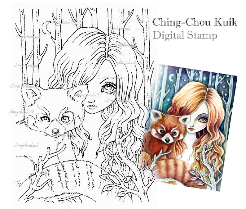 Red Panda Digital Stamp Instant Download / Fantasy Art by Ching-Chou Kuik image 1