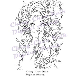 Floating Pearls Digital Stamps Instant Download / Pearl Fantasy Mermaid Fairy Girl Art by Ching-Chou Kuik image 1