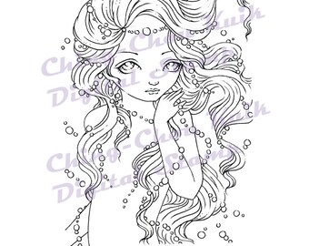 Floating Pearls - Digital Stamps Instant Download / Pearl Fantasy Mermaid Fairy Girl Art by Ching-Chou Kuik