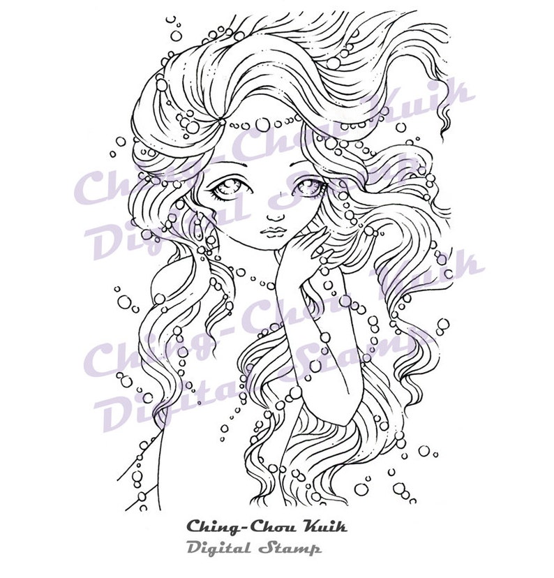 Floating Pearls Digital Stamps Instant Download / Pearl Fantasy Mermaid Fairy Girl Art by Ching-Chou Kuik image 1