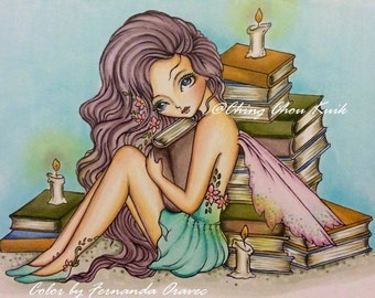 Treasure In Hand - Digital Stamp Instant Download / Candle Book Bookworm Lil Sweetie Mia fairy by Ching-Chou Kuik
