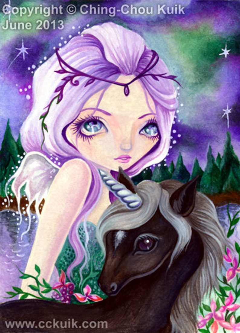 Northern Nightfall Instant Download / Mountain Animal Unicorn Horse Fantasy Fairy Faery Girl Art by Ching-Chou Kuik image 1