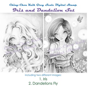 Iris and Dandelion Set Grey Scale Digital Stamp Coloring Page Instant Download/ Fantasy Art by Ching-Chou Kuik image 2