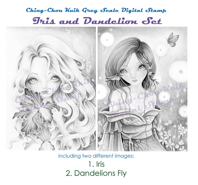 Iris and Dandelion Set Grey Scale Digital Stamp Coloring Page Instant Download/ Fantasy Art by Ching-Chou Kuik image 2