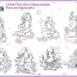 Flora and Fauna Set 1 Instant Download Digital Stamp / Aldult Coloring Page Line Art Fantasy Fairy Girl by Ching-Chou Kuik image 2