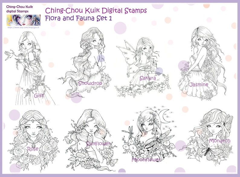 Flora and Fauna Set 1 Instant Download Digital Stamp / Aldult Coloring Page Line Art Fantasy Fairy Girl by Ching-Chou Kuik image 2