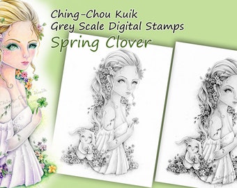 Spring Clover-Grey scale PRINTABLE Instant Download Digital Stamp/ Rabbit Bunny Flower Fairy Fantasy Art by Ching-Chou Kuik