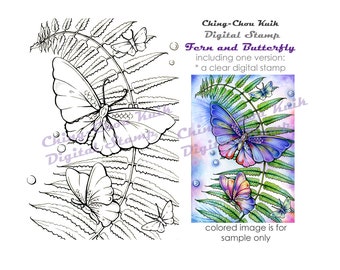 Fern and Butterfly -Digital Stamp Coloring Page Instant Download / Insect Moth Plant Botanical Ink Art by Ching-Chou Kuik