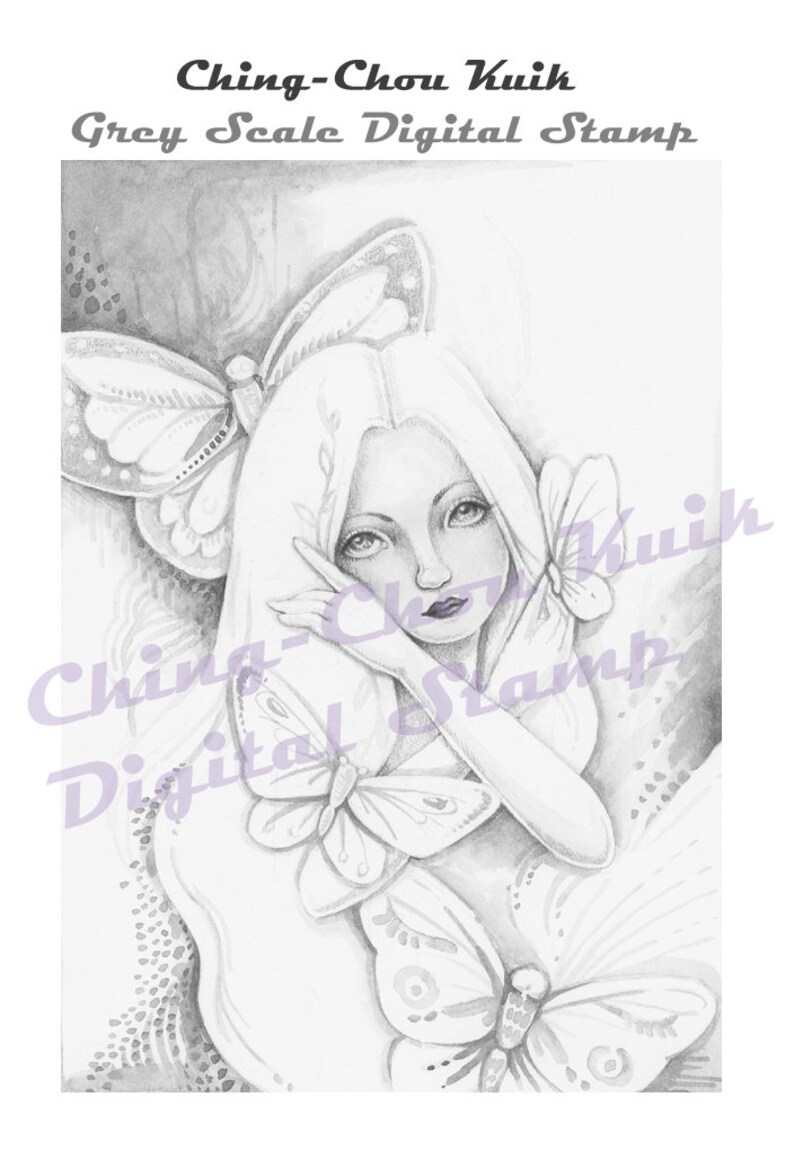 Flutter Butterflies Grey Scale Digital Stamp PRINTABLE Coloring Page Instant Download /Girl Lady Line Art by Ching-Chou Kuik image 2