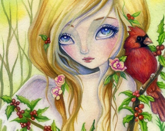 Scarlet Holly - Instant Download Digital Stamp / Animal Cardinal Bird Winter Christmas fairy Girl by Ching-Chou Kuik