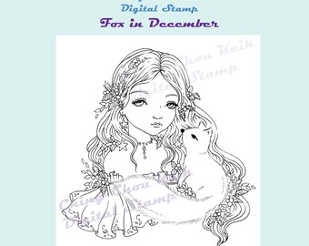 Fox in December- Coloring Page PRINTABLE Instant Download Digital Stamp/Christmas Holly Berry Fantasy Art by Ching-Chou Kuik