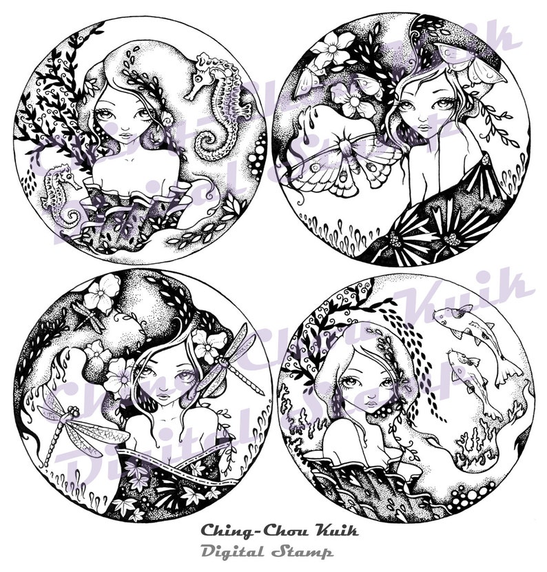 Cirkel Van Oriental Kimono Lady Digitale Stempel Set Van 4 Etsy