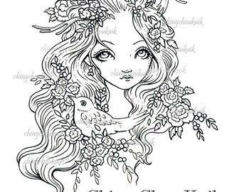 Spring Banquet- Digital Stamp Instant Download / Fantasy Flower Flora Bird Lady Girl Art by Ching-Chou Kuik