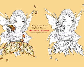 Autumn Leaves- Coloring Page PRINTABLE Instant Download Digital Stamp/Fantasy Fall Butterfly Fairy Girl Art by Ching-Chou Kuik