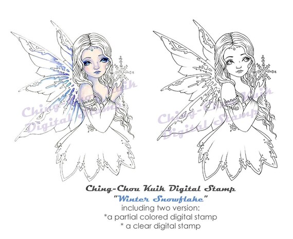 winter snowflake  instant download digital stamp coloring page/ fantasy  snow fairy angel girl artchingchou kuik