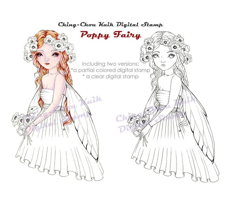 Poppy Fairy-Coloring Página IMPRIMIBLE Descarga Instantánea Sello Digital /Flor Hada Fantasía Arte por Ching-Chou Kuik imagen 1