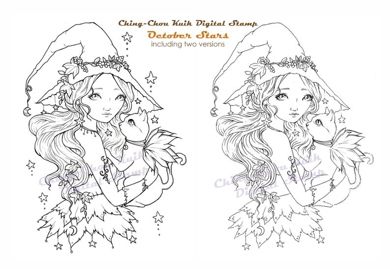 October Stars Coloring Page PRINTABLE Instant Download Digital Stamp/Fantasy Witch Halloween Cat Girl Art by Ching-Chou Kuik image 1
