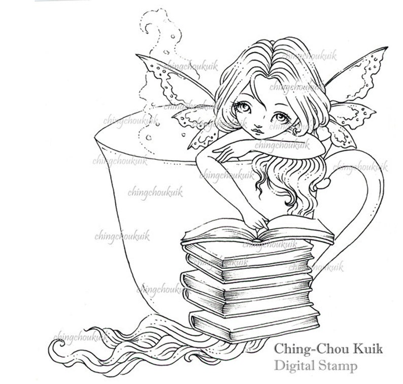 The Moment Digital Stamp Instant Download / Reading Book Coffee Bookworm Lil Sweetie Mia fairy by Ching-Chou Kuik image 2