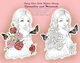Carnation and Monarch-Coloring Page PRINTABLE Instant Download Digital Stamp/Butterfly Flower Girl Art by Ching-Chou Kuik
