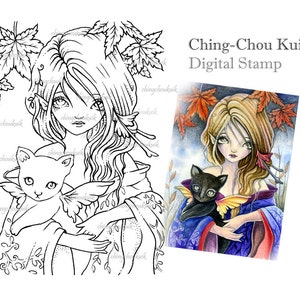 Autumn Fantasy Digital Stamp Instant Download / Art by Ching-Chou Kuik image 1