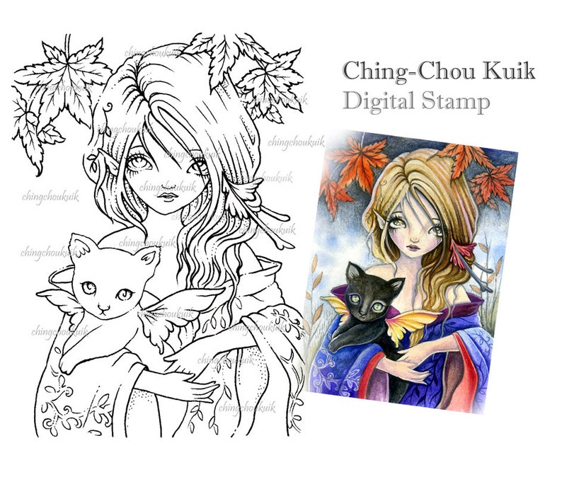 Autumn Fantasy Digital Stamp Instant Download / Art by Ching-Chou Kuik image 1