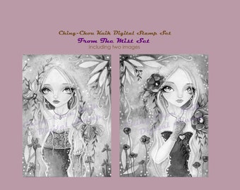 From The Mist Set -Grey Scale Digital Stamp Coloring Page Instant Download/Flower Lady Iris Poppy Fantasy Art by Ching-Chou Kuik