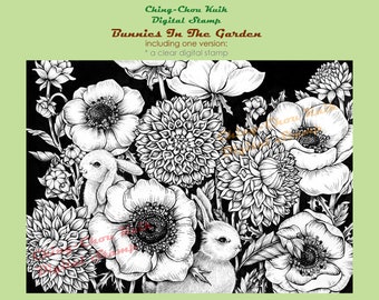 Bunnies In The Garden- Coloring Page PRINTABLE Instant Download Digital Stamp/ Dahlia Anemone Flower Art by Ching-Chou Kuik