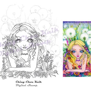 Dandelion Fairy Kingdom Instant Download Digital Stamp / Flora Flower Fantasy Fairy Girl by Ching-Chou Kuik image 1