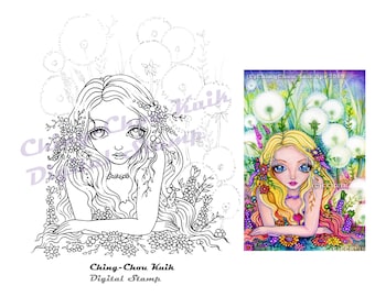 Royaume de fée pissenlit-téléchargement immédiat timbre numérique / Flora fleur Fantasy Fairy Girl par Ching-Chou Kuik