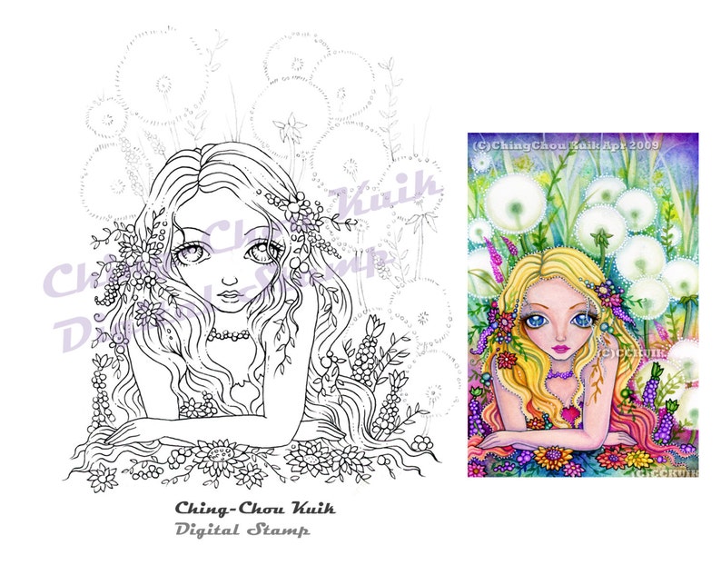 Dandelion Fairy Kingdom Instant Download Digital Stamp / Flora Flower Fantasy Fairy Girl by Ching-Chou Kuik image 1
