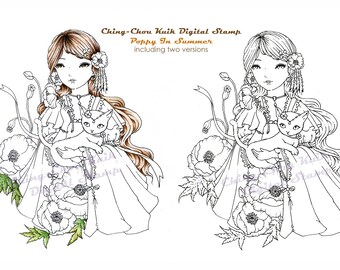 Poppy In Summer- Digital Digi Stamp Instant Download / Cat Kitten Flower Kimono Fairy Girl Fantasy Art by Ching-Chou Kuik