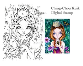 The Wild Princess - Digital Stamp Instant Download / Butterfly Snail Flower Girl Fantasy Art by Ching-Chou Kuik