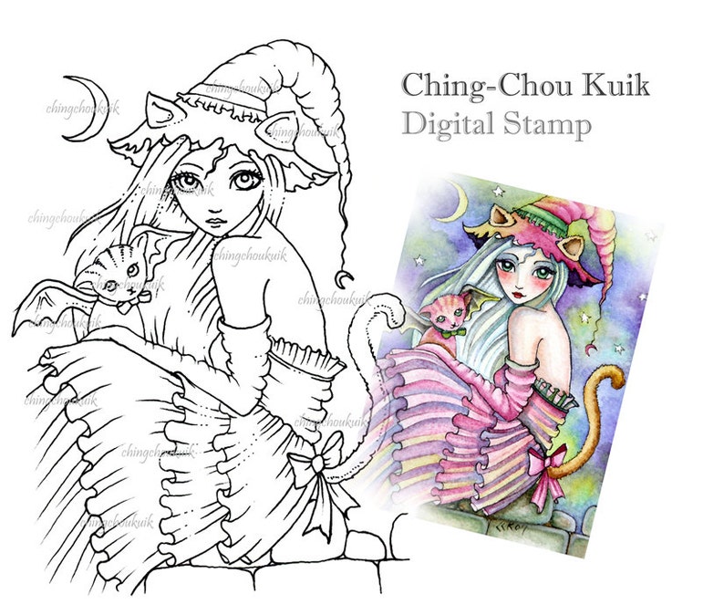 Kitty Tail Witch Digital Stamp Instant Download / Fantasy Art by Ching-Chou Kuik image 1
