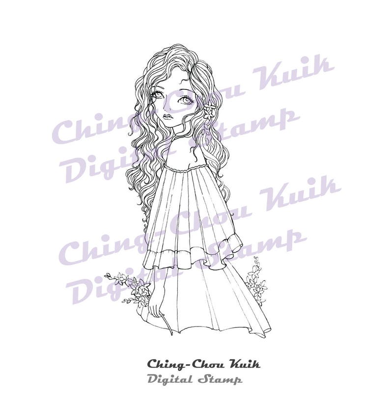 Spring Wanderer Instant Download Digital Stamp / Flower Coloring Art Fairy Modern Curly Girl by Ching-Chou Kuik image 1