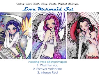 Love Mermaid Set - Greyscale PRINTABLE Instant Download Digital Stamp/ Valentine Rose Heart Ocean Girl Art by Ching-Chou Kuik