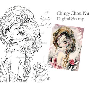Key To My Heart Digital Stamp Instant Download / LOVE Key Rose Valentine Fairy Girl by Ching-Chou Kuik image 1