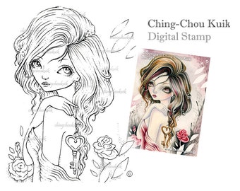 Key To My Heart- Digital Stamp Instant Download / LOVE Key Rose Valentine Fairy Girl by Ching-Chou Kuik