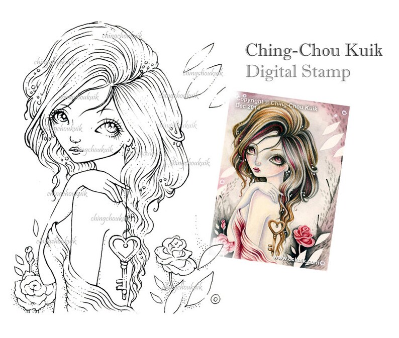 Key To My Heart Digital Stamp Instant Download / LOVE Key Rose Valentine Fairy Girl by Ching-Chou Kuik image 1