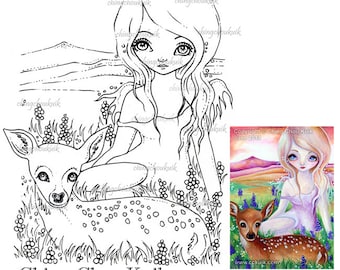 Hi Deer - Digital Stamp Instant Download / Animal Fawn Deer Fantasy Fairy Angel Art by Ching-Chou Kuik