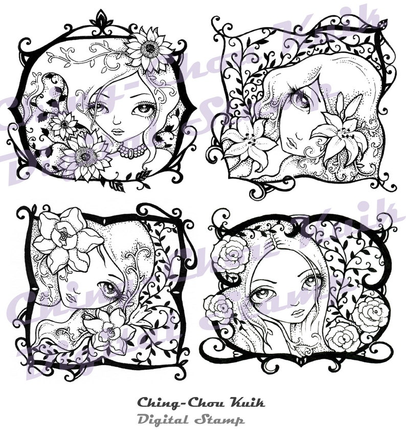 Digital Stamp Set of 4 Girl with Flower Images Instant Download / Rose Lily Sunflower Magnolia Pattern Line Art by Ching-Chou Kuik image 2